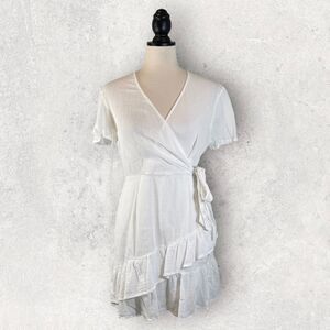 Princess Polly Company For One Faux Wrap Dress White Gauzy Crinkle, Size 10
